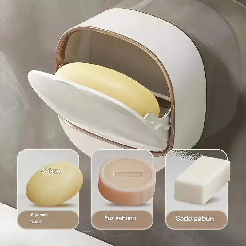 Kapaklı Duvara Monte Sabun Kutusu | Deliksiz Drenaj | Ev & Banyo için Basit Sabun Rafı | Banyo Aksesuarları