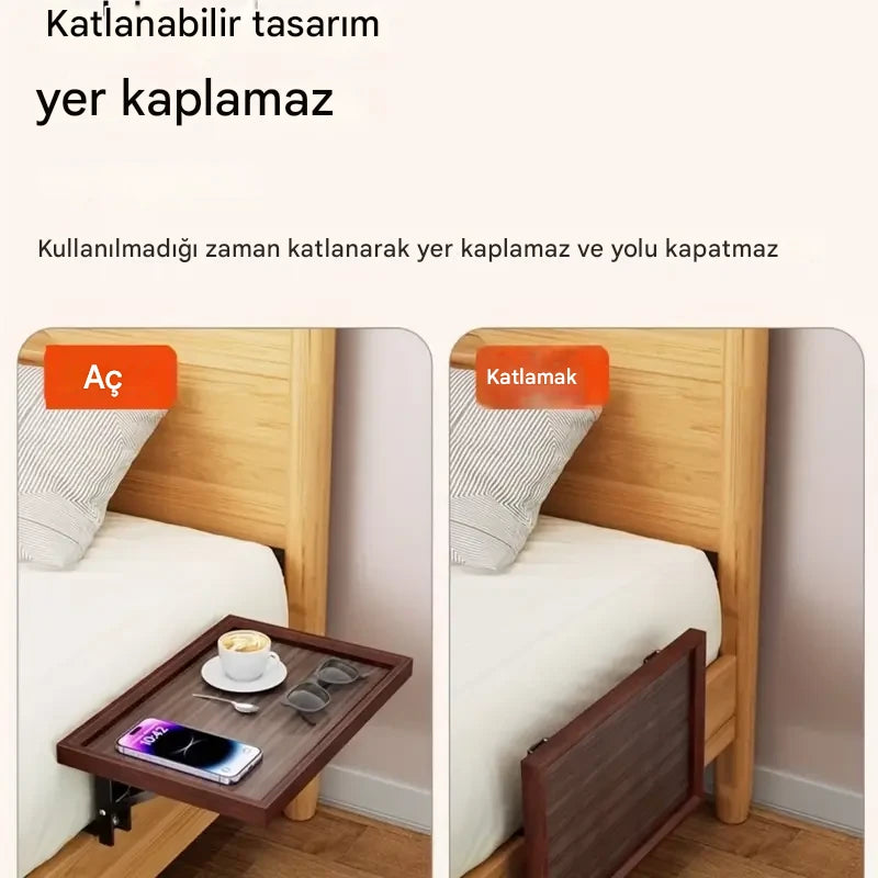 Katlanabilir Yatak Yanı Masası | Görünmez Raf | Bambu Düzenleyici | Paslanmaz Çelik | Pratik Depolama | Şık Tasarım | Sağlam Yapı