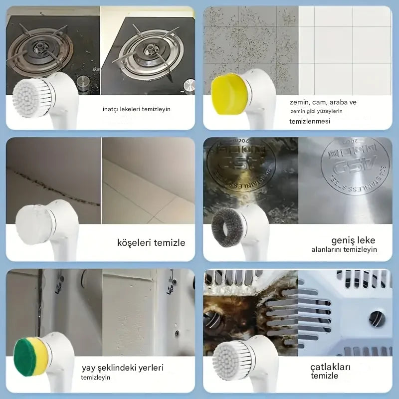 Beşi 1 Arada Çok Fonksiyonlu Elektrikli Temizleme Fırçası | Banyo & Mutfak Temizleme Araçları